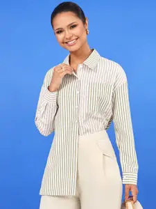 Styli Green Long Sleeves Pinstripe Shirt with Patch Pocket