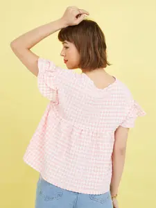 Styli Pink Frill Gingham Check V Neck Blouse
