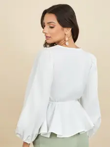 Styli White Balloon Long Sleeve V Neck Peplum Top