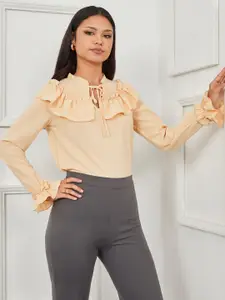 Styli Nude-Coloured Long Sleeves Ruffled Tie Up Neck Blouse