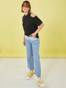 Styli Black Cold Shoulder High Neck Knit T-shirt