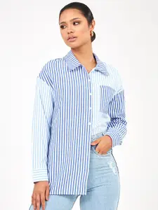 Styli Blue Long Sleeves Pinstripe Shirt with Patch Pocket
