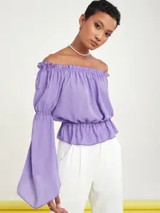 Styli Purple Off- Shoulder Bell Sleeves Ruffle Detail Top