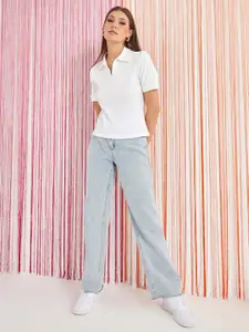 Styli White Short Sleeves Ribbed Knit Polo T-shirt