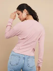 Styli Women Pink Round Neck Long Sleeves Ruched Detail Knit Top