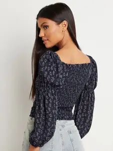 Styli Black Ditsy Print Sweetheart Neck Top with Shirred Back Detail