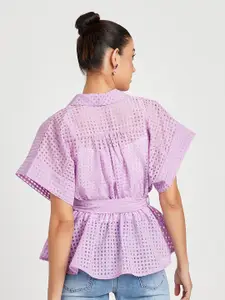 Styli Lavender Collared Short Sleeves Checked Wrap Top
