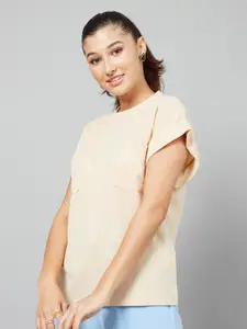 Styli Beige Wide Shoulder Roll-Up Detail Regular T-shirt