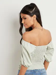 Styli Green Gathered Puff Sleeves Top