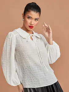 Styli White Long Sleeves Peter Pan Collar Textured Blouse