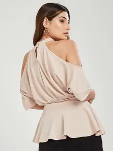 Styli Beige Solid Cold Shoulder Peplum Blouse
