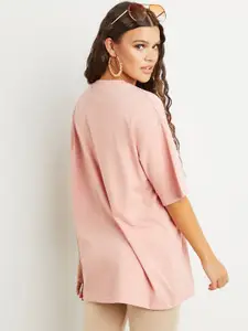 Styli Pink Short Sleeves Obey & Equality Slogan Knitted Oversized T-shirt