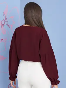 Styli Burgundy Balloon Sleeves Wrap Front Crop Blouse with Elastic Waistband
