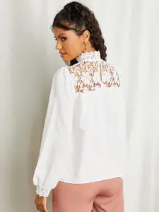 Styli White Lace Insert High Neck Top with Long Sleeves
