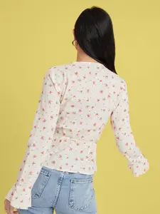 Styli White Floral Print Frill Wrap Top