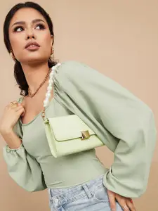 Styli Green Balloon Sleeves Wide Square Neck Fitted Blouse