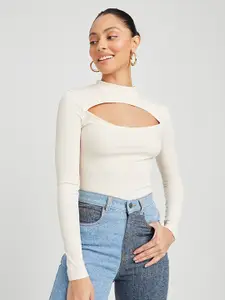 Styli Cream-Coloured Long Sleeves High Neck Ribbed Top with Cut Out Detail