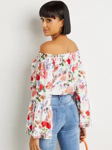 Styli White Floral Print Off Shoulder Crop Top with Flute Sleeves