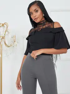 Styli Black Cold Shoulder Sleeve Lace Yoke Detail Blouse