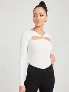 Styli White Long Sleeves Cut-Out Detail Ribbed Top