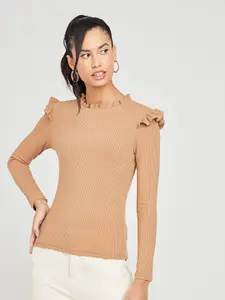 Styli Khaki  Frill Detail Knit Fitted Top