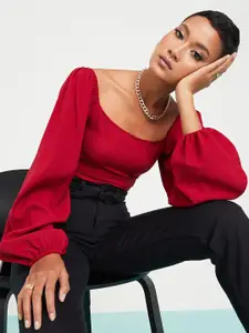 Styli Women Maroon Balloon Sleeves Wide Square Neck Fitted Blouse