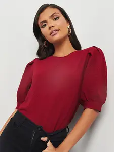 Styli Women Maroon Short Puff Sleeves Textured Round Neck Top