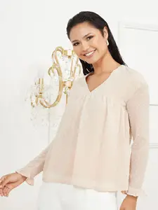 Styli Beige Frill Cuff Long Sleeves V Neck Dobby Blouse