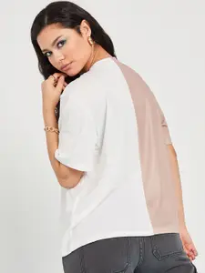 Styli White Short Sleeves LA City Slogan Colorblocked Boxy Fit T-shirt