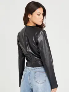 Styli Black PU V-Neck Wrap Top