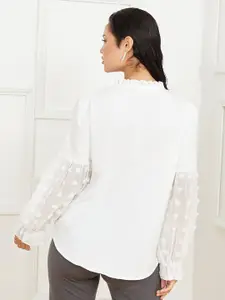 Styli Off White Dobby Balloon Sleeves Detail Tie-Up Neck Top