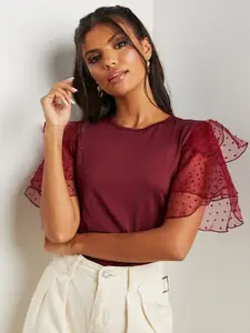 Styli Women Burgundy Flute Dobby Sleeves Fitted Top