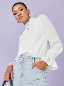 Styli White Frill Cuff Sleeves High Neck Keyhole Detail Blouse