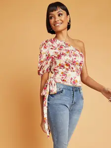 Styli White Floral Print One Sleeve Crop Top