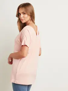Styli Pink Asymmetric Shoulder V Neck Oversized T-shirt