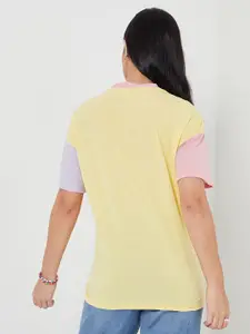 Styli Women Yellow Colourblocked Oversized Longline T-shirt