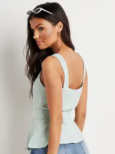 Styli Green Solid Square Neck Belted Top