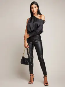 Styli Black Satin Fallen Shoulder Drape Top with Long Sleeves