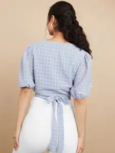 Styli Blue Short Sleeves Dobby Spot Wrap Top