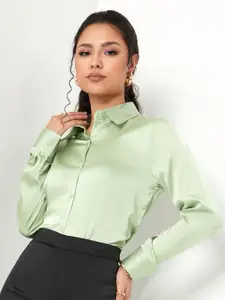 Styli Green Satin Long Sleeves Button Through Shirt