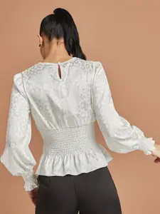Styli White Cuffed Sleeves Jacquard Round Neck Shirred Top