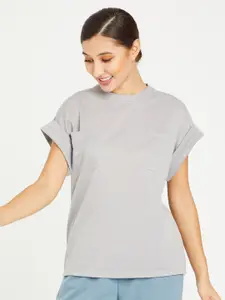 Styli Grey Short Sleeves Wide Shoulder Roll-Up Detail Regular T-shirt