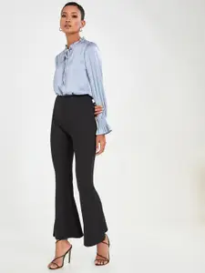 Styli Blue Frill Tie Up Neck Blouse