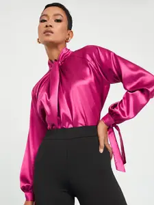 Styli Purple Tie Cuff High Neck Satin Blouse