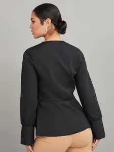 Styli Women Black Asymmetric Hem V Neck Long Sleeve Blouse