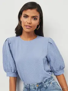 Styli Blue Short Puff Sleeves Textured Round Neck Top