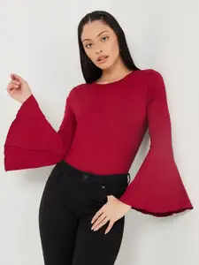 Styli Red Bell Sleeves Round Neck Blouse