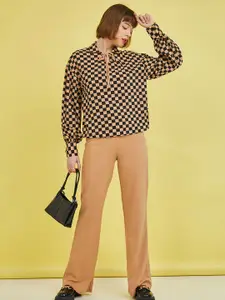 Styli Beige Checkered Long Sleeves Tie-Up Neck Blouse