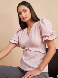 Styli Pink Crepe V Neck Ruffle Detail Blouse