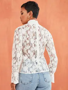 Styli White High Neck Floral Lace Long Sleeves Blouse